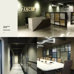 An overview of the Zenith office project, where we used a palette of soothing greens and warm neutrals. The design features a branded reception, a modern conference room, and a clean, bright corridor lined with glass-walled offices.