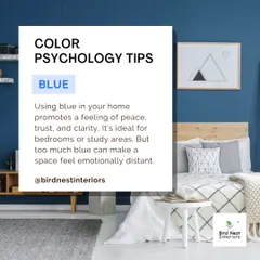Color Psychology Tip: Blue promotes a feeling of peace, trust, and clarity, making it ideal for bedrooms or study areas. However, we advise using it in balance to avoid a cold feeling.