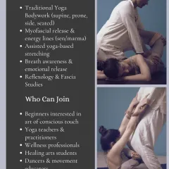 This graphic details what you will learn in our Integrative Yoga Massage workshop, including traditional bodywork, myofascial release, and reflexology. It is open to all, from beginners to wellness professionals.
