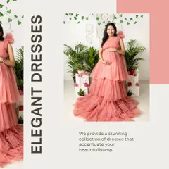 We provide a stunning collection of elegant dresses and gowns for your shoot. This image showcases one of our beautiful tiered dresses designed to accentuate your baby bump perfectly.