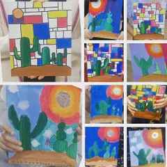 We explored the work of Piet Mondrian in this summer camp session. The kids learned about his famous style of using primary colors and grids, then applied it to their own creative cactus paintings. It’s a great lesson in abstract art and composition.