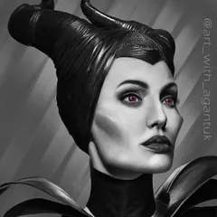 This is my hyper-realistic portrait of Angelina Jolie as Maleficent, a character I love. I worked for about 35 hours to get the sharp, sculpted features and the texture of her leather horns just right, using a black and white style with a pop of color in her eyes.