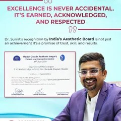 I am honored to be recognized by India's Aesthetic Board and invited as faculty for a Masterclass in Liposuction. This certificate represents my commitment to trust, skill, and delivering consistent, excellent results for my patients.