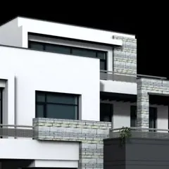 An elevation concept showcasing the use of rough-cut stone cladding on balconies. This detail adds a natural, rugged texture to the modern white facade, creating a balanced contrast.