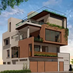 The facade for Sai Residence is crafted with travertine, textured paint, and wooden rafters. The projecting balconies and full-height windows are designed to foster a strong connection between the interior spaces and the exterior.