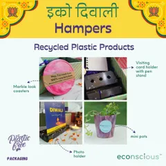 Our Diwali hampers feature a selection of our best-selling recycled plastic products, including marble-look coasters, mini pots, and photo holders. Each item is designed to be both beautiful and functional.