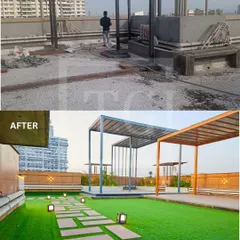 A clear view of our transformation capabilities on a high-rise building. We took a bare concrete slab with exposed pillars and converted it into a lush green lawn with modern pergolas and illuminated pathways, creating a valuable amenity space.