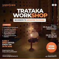 A poster for my Trataka workshop, designed for beginners to advanced practitioners. It highlights the key benefits, such as enhanced concentration, improved eye health, and deeper meditation.