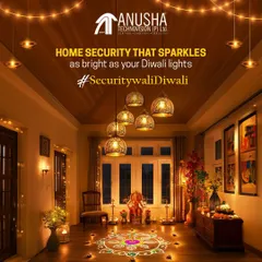 Even during festive seasons like Diwali, security remains a priority. This beautifully lit home is protected by an integrated security system that ensures safety without compromising the celebratory atmosphere.