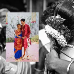 A creative composition blending black and white with a color inset, capturing the details and emotions of a South Indian wedding ceremony.