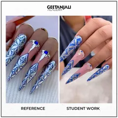 This stunning recreation of a metallic stiletto nail design highlights the advanced skills our students learn, including chrome application, intricate patterning, and flawless crystal placement.