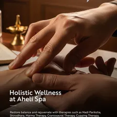 Discover holistic wellness at Aheli Spa, where ancient techniques meet modern therapies. This image captures a moment of Nadi Pariksha, one of many treatments we offer to restore balance.