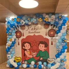 Here is a closer look at the Raksha Bandhan balloon backdrop. The detailed balloon work includes small flower-like clusters made of blue and gold balloons, adding a special touch to the overall design.