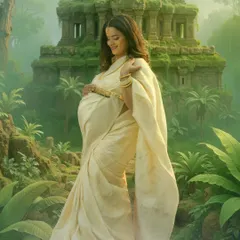 A divine moment captured in a surreal, jungle temple setting. The mother-to-be glows in a simple cream saree, creating a beautiful contrast with the lush green surroundings.