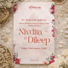 A closer look at the main wedding invitation for Nivdita and Dileep. The design is clean and elegant, with a subtle temple illustration in the background, invoking a sense of faith and tradition.