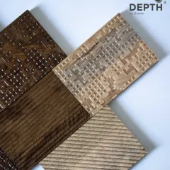 Another look at our diverse range of textured veneers, featuring geometric and linear patterns that can be used for wardrobe shutters, wall panels, and custom furniture.