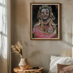 This watercolor portrait is inspired by the beauty of tribal adornment and culture. Displayed in a home setting, it shows how a powerful, original painting can become the focal point of a room.