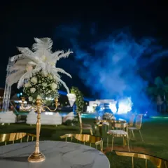 A close-up of a centerpiece from an elegant gala. The combination of soft white feathers, fresh flowers, and a gold candelabra on a marble-top table showcases the level of detail I bring to event styling.