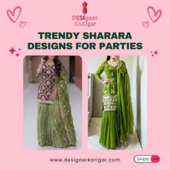 A look at trendy sharara designs perfect for parties. This image features two green sharara sets, one with intricate brown embroidery and another with gold detailing.