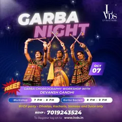 Join our Navratri party! This poster gives all the details for our free Garba choreography workshop and social, a festive event for our entire community.