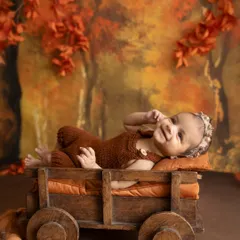 An autumn dream. This 3-month-old baby girl is relaxing in a rustic wagon, surrounded by the warm colors of fall. A perfect theme for a cozy milestone session.