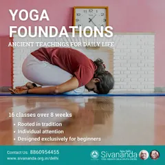 Learn ancient teachings for modern life. This course provides individual attention and is rooted in tradition, as shown by this student practicing Balasana (Child's Pose) for rest and introspection.