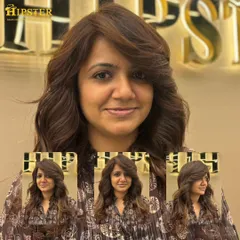 This collage shows a beautiful global color transformation. The rich brown shade gives the hair a healthy, uniform look, styled with soft waves for an elegant finish.