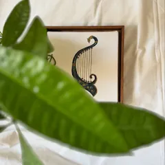 'The Twenty-Fifth Note' series explores the connection between music and spirituality. This miniature painting of a harp, seen through a leaf, hints at the silent, soulful note beyond creation.