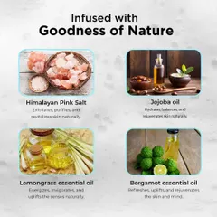 My Sea Salt Spa Bar is infused with the goodness of nature. It contains Himalayan Pink Salt to exfoliate, Jojoba oil to hydrate, and Lemongrass and Bergamot essential oils to invigorate your senses.