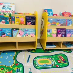 A finished project is all about the details. For the Eurokid library, we designed these low, forward-facing bookshelves to be accessible and inviting for children, creating a space that is both playful and organized.