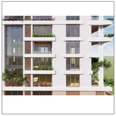 A detailed view of the facade of our Juhu apartment building. The design incorporates planters and varied window arrangements to create a dynamic and living exterior.