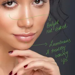 An educational image with our notes on what we focus on during a shoot. We highlight our goals for the under-eye area ("Bright Not Baked") and lips ("Luminous & Healthy looking") to give clients insight into our intentional approach.