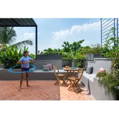 The terrace is the soul of our penthouse. Here, our youngest client enjoys the open space, which is designed for everything from hula hooping to quiet afternoons, seamlessly connected to the bedrooms.