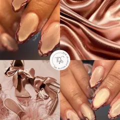 A mood board inspired by the luxurious feel of rose gold silk. This collage pairs a cat-eye manicure with a wavy rose gold chrome border with images of satin fabric and elegant accessories.