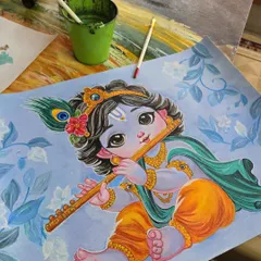 A charming depiction of Little Krishna, perfect for students interested in character illustration and modern devotional art using acrylics.