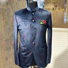 Another angle of the unique blue and purple abstract patterned Jodhpuri jacket, showing its artistic flair.