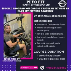 This poster announces our special program on Cardiovascular Fitness in Bangalore. The course covers the anatomy and physiology of the cardio system, how to use equipment correctly, and safe training methods for clients with high blood pressure.
