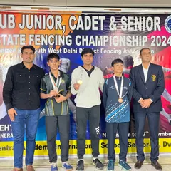 More winners from the Delhi State Championship. Our cadet foil boys proudly displaying their gold and silver medals alongside their coach.