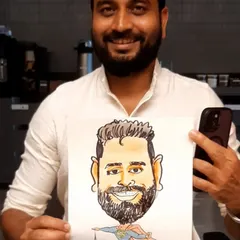 A happy employee from a Google Cloud event holding his custom Superman-themed caricature. These personalized drawings make for fantastic and memorable corporate gifts.