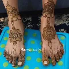 A delicate and graceful foot henna design. This style features a central lotus mandala connected to a beautiful pattern that wraps around the ankle like a piece of jewelry.