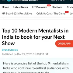 A screenshot from a Hindustan Times article listing me among the "Top 10 Modern Mentalists in India to book for your Next Show."