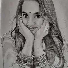 An A4 portrait order where the expression was key. I used graphite pencils to carefully render the face, hands, and traditional bangles to bring the photo to life.