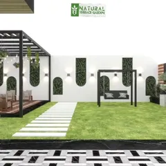 A complete terrace layout proposed for a client in Najafgarh, featuring a large pergola, a swing, and decorative wall niches.