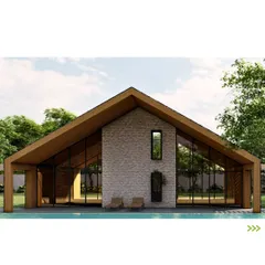 The final 3D visualization of the Deramandi farmhouse, showcasing a modern barn-style structure with extensive glazing and a stone-clad central volume, designed to harmonize with the natural landscape.