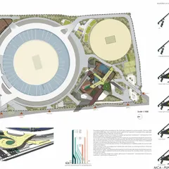 The master plan layout, showing the relationship between the main stadium, a secondary pitch, the hotel, and parking.