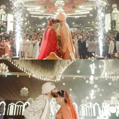 This is the moment. We capture the peak of the Varmala ceremony with dramatic lighting and pyrotechnics, creating a truly epic shot that defines luxury wedding photography.