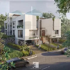 The exterior 3D visualization for a modern bungalow scheme in Kune Village, Lonavala. Designed as holiday homes, these stilt-plus-two-floor structures are nestled in nature, featuring clean geometric forms and extensive glazing to connect residents with the scenic surroundings.