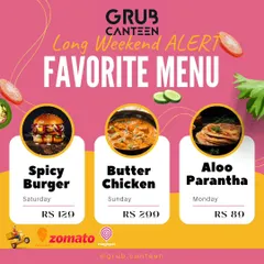 This graphic details my special menu for a long weekend. It offers a different favorite dish each day, like a Spicy Burger on Saturday and Butter Chicken on Sunday, to make the holiday more enjoyable.