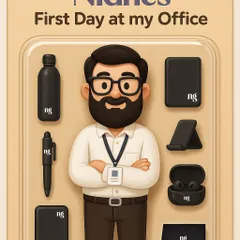 This "First Day at my Office" welcome kit is designed to make any new employee smile. It features a friendly character illustration and a complete set of black 'ng' branded office essentials, including a power bank, diary, and TWS earbuds.