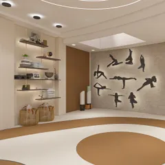 Peace deserves a beautiful space. We designed this yoga studio with a clean, open layout and inspiring wall art to create a calm and focused environment for practice.